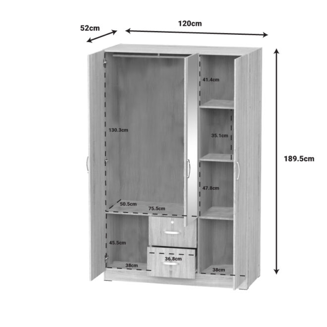 Ντουλάπα ρούχων τρίφυλλη Dillion pakoworld sonoma μελαμίνης 120x52x190εκ - Image 4