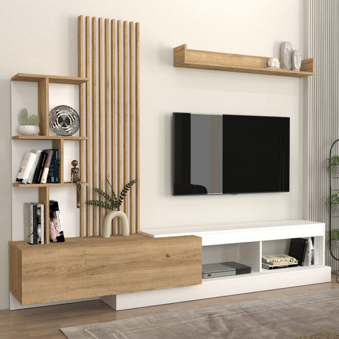 Σύνθεση τηλεόρασης Vermont Megapap χρώμα λευκό - sepet oak 240x40x192εκ. - Image 2