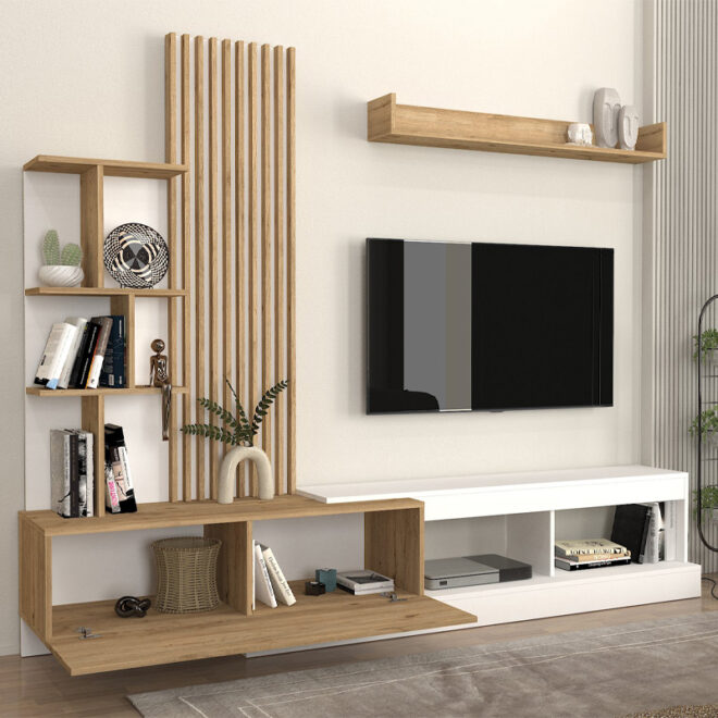 Σύνθεση τηλεόρασης Vermont Megapap χρώμα λευκό - sepet oak 240x40x192εκ. - Image 3