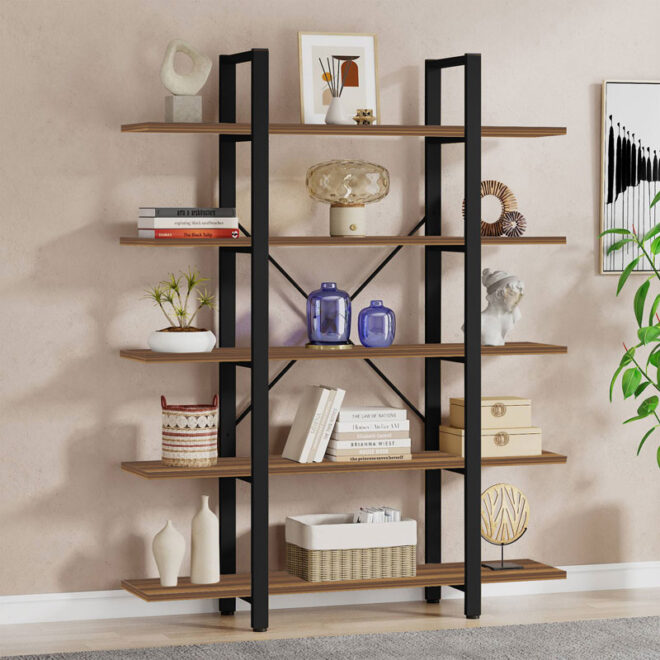 Βιβλιοθήκη Esthon pakoworld καρυδί-μαύρο μέταλλο 120x28x180εκ - Image 2
