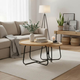 Tραπέζια σαλονιού Crismory pakoworld σετ 2τεμ MDF σε φυσική απόχρωση και μαύρα μεταλλικά πόδια