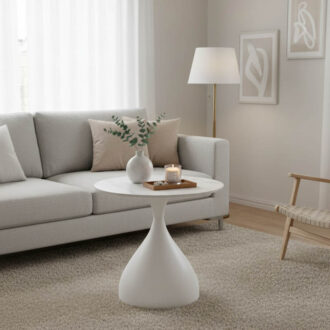 Βοηθητικό τραπέζι Kirkene Inart sintered stone σε απόχρωση λευκό μαρμάρου με λευκό μέταλλο Φ50x50εκ