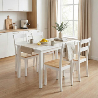 Tραπεζαρία επεκτεινόμενη Mabor-York pakoworld σετ 5τεμ ξύλο σε λευκή απόχρωση 120-150x80x73,8εκ