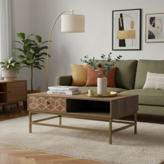 Τραπέζι σαλονιού Brilo Inart καφέ-χρυσό ξύλο 101x59x43εκ