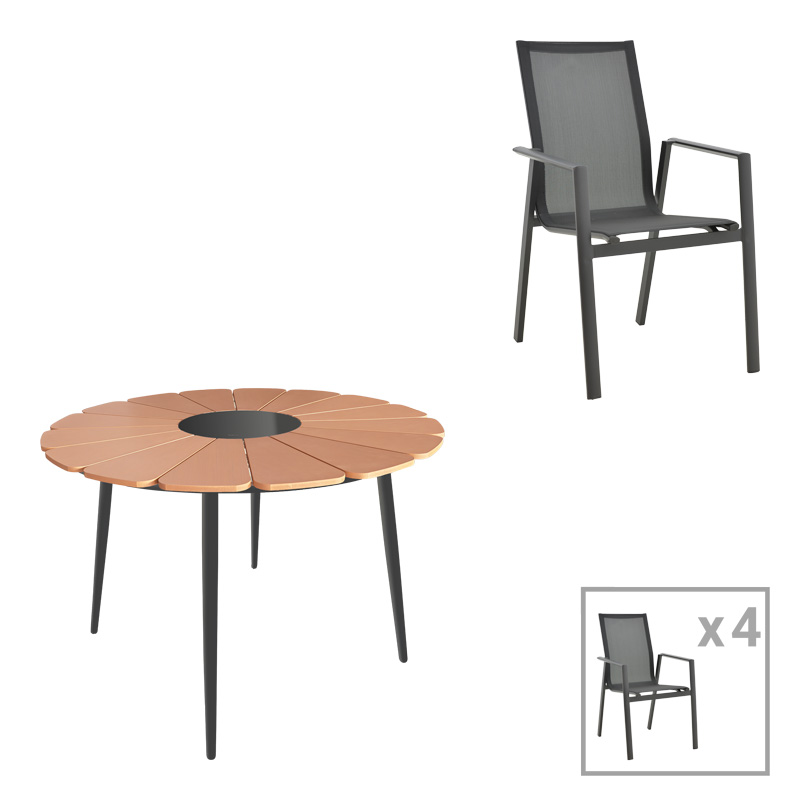 Τραπεζαρία Pinap-Dashiell σετ 5τεμ pakoworld μαύρο αλουμίνιο και plywood σε φυσική απόχρωση Φ110x74εκ