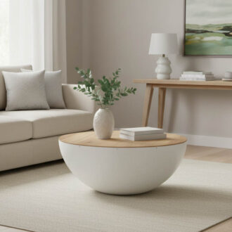 Alternative view of Τραπέζι σαλονιού Coffelty Inart μασίφ ξύλο ακακίας - λευκό μέταλλο Φ90x40εκ