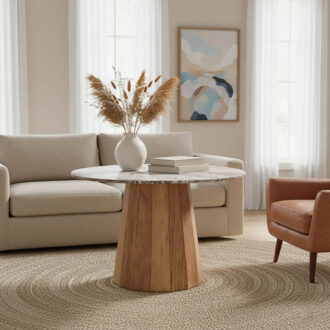 Τραπέζι Ezerdian pakoworld μασίφ ξύλο ακακίας σε φυσική απόχρωση με επιφάνεια μαρμάρου Φ150x76εκ