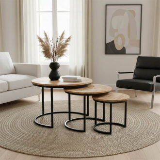 Τραπέζι σαλονιού Frina pakoworld σετ 3τεμ μασίφ mango ξύλο σε φυσική απόχρωση με πόδι μαύρο μέταλλο