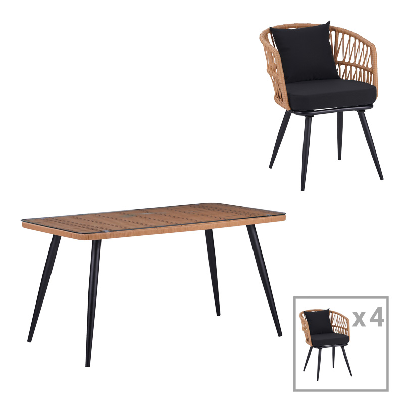 Τραπεζαρία Naoki σετ 5 τεμ pakoworld γυάλινο- pe rattan σε φυσική απόχρωση με μαυρα πόδια 140x80x78εκ