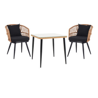 Τραπεζαρία Naoki σετ 3 τεμ pakoworld μέταλλο μαύρο-pe φυσικό-γυαλί 80x80x78εκ