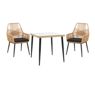 Τραπεζαρία Naoki-Tanish σετ 3 τεμ pakoworld μέταλλο μαύρο-pe φυσικό-γυαλί 80x80x78εκ