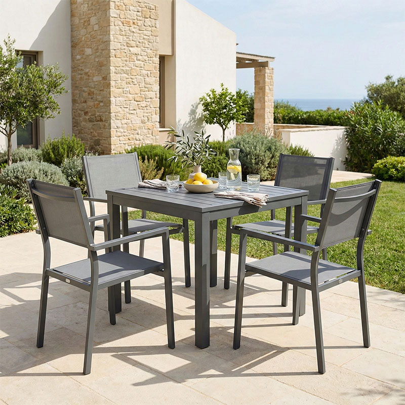 Τραπεζαρία Moly - Kliton Ι σετ 5τεμ pakoworld ανθρακί αλουμίνιο και textilene σε ανθρακί απόχρωση 80x80x74εκ