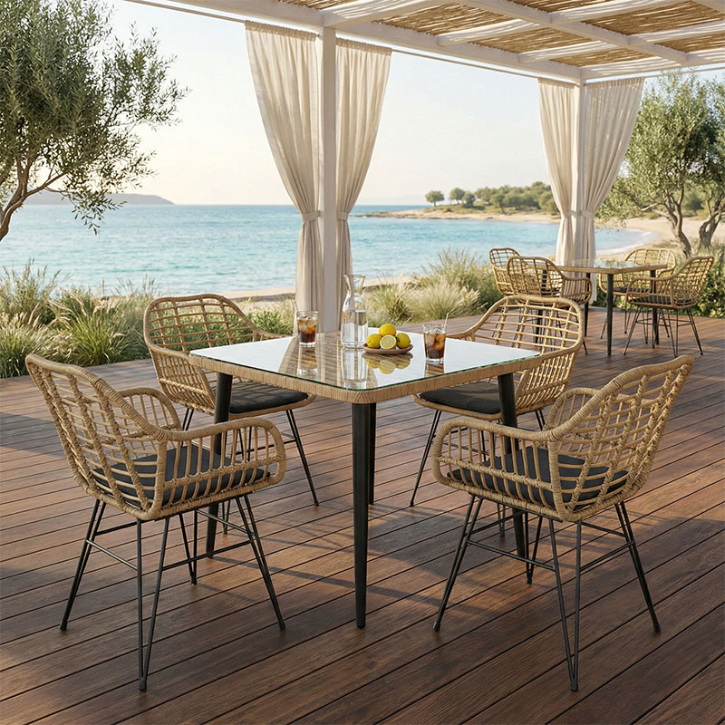 Τραπεζαρία Naoki V σετ 5τεμ pakoworld rattan pe σε φυσική απόχρωση και μαύρο μέταλλο 80x80x78εκ