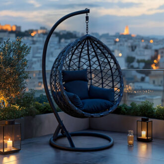 Alternative view of Κούνια φωλιά με βάση Lyere pakoworld μέταλλο γκρι-pe rattan σε γκρι απόχρωση 120x108x195εκ