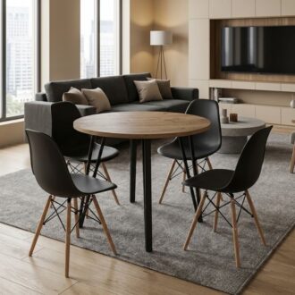 Σετ τραπεζαρία 5τμχ Xana - Nova Megapap χρώμα sepet oak - μαύρο Ø90x77,7εκ.