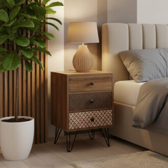 Alternative view of Κομοδίνο Boho pakoworld με 3 συρτάρια καρυδί με μεταλλικά πόδια 40x40x59εκ