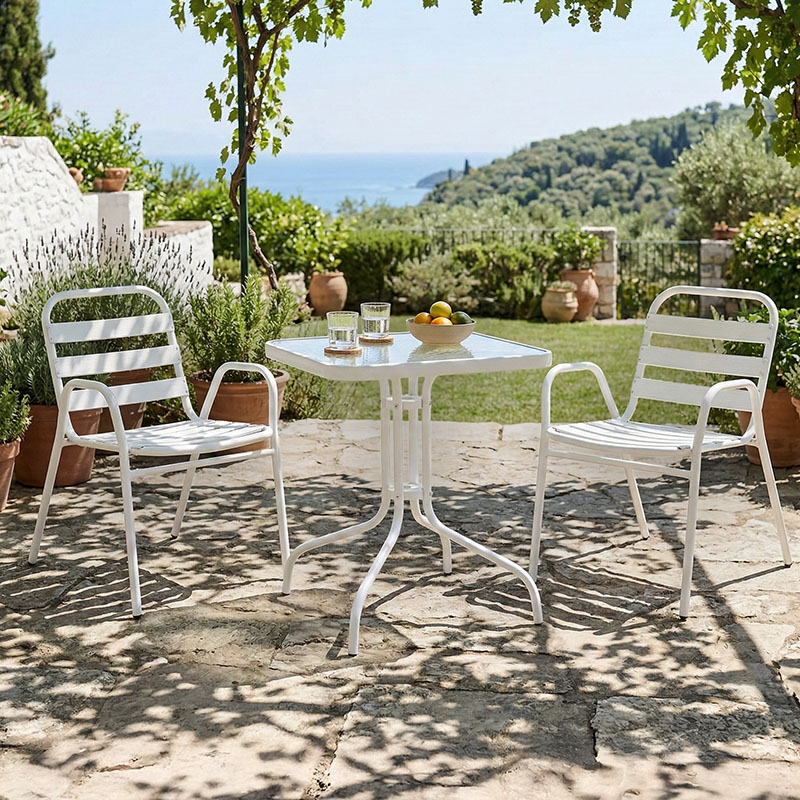 Τραπεζαρία Watson-Sussie pakoworld σετ 3τεμ μέταλλο λευκό- γυαλί 70x70x70εκ