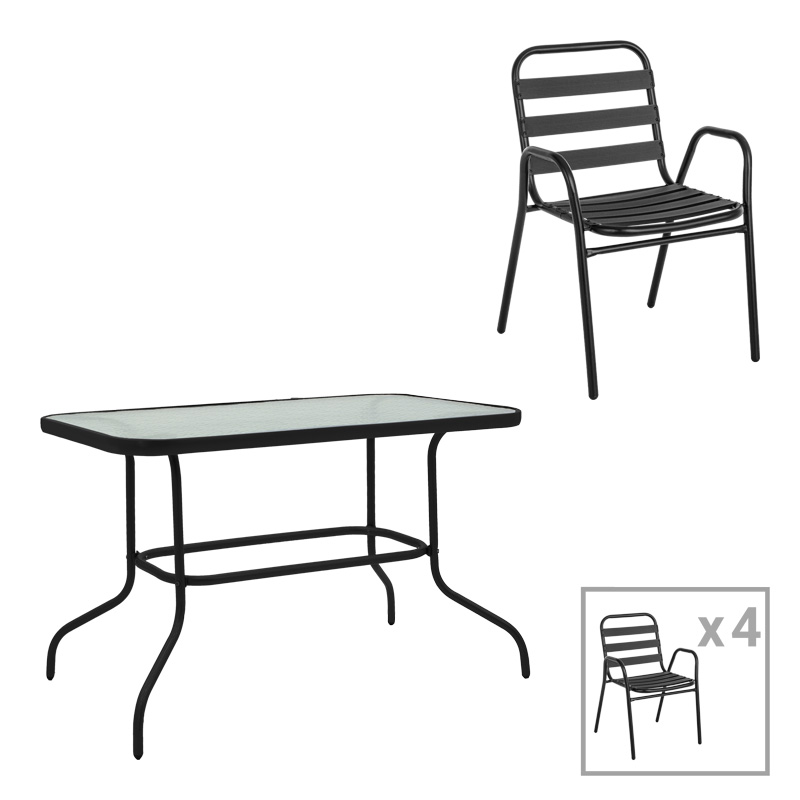 Τραπεζαρία Valor-Sussie pakoworld σετ 5τεμ μέταλλο μαύρο-γυαλί 110x60x70εκ