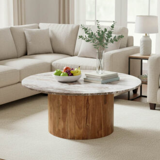 Alternative view of Τραπέζι σαλονιού Sergy pakoworld μασίφ ξύλο ακακίας σε φυσική απόχρωση με επιφάνεια μαρμάρου Φ90x40εκ