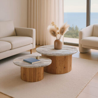 Τραπέζι σαλονιού Sergy pakoworld σετ 2 τμχ μασίφ ξύλο ακακίας σε φυσική απόχρωση με επιφάνεια μαρμάρου