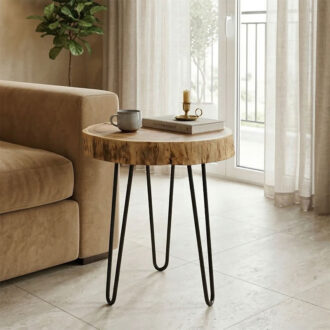 Βοηθητικό τραπέζι Tripp Ι pakoworld μασίφ ξύλο ακακίας σε φυσική απόχρωση-μαύρα μεταλλικά πόδια Φ41x45εκ