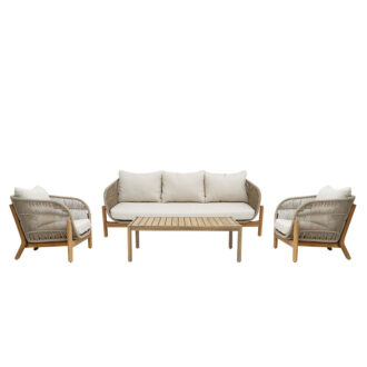 Σαλόνι εξωτερικού χώρου Verilan pakoworld μασίφ ξύλο ακακίας με σχοινί και μπεζ μαξιλάρια