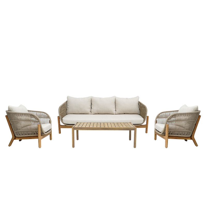 Σαλόνι εξωτερικού χώρου Verilan pakoworld μασίφ ξύλο ακακίας με σχοινί και μπεζ μαξιλάρια